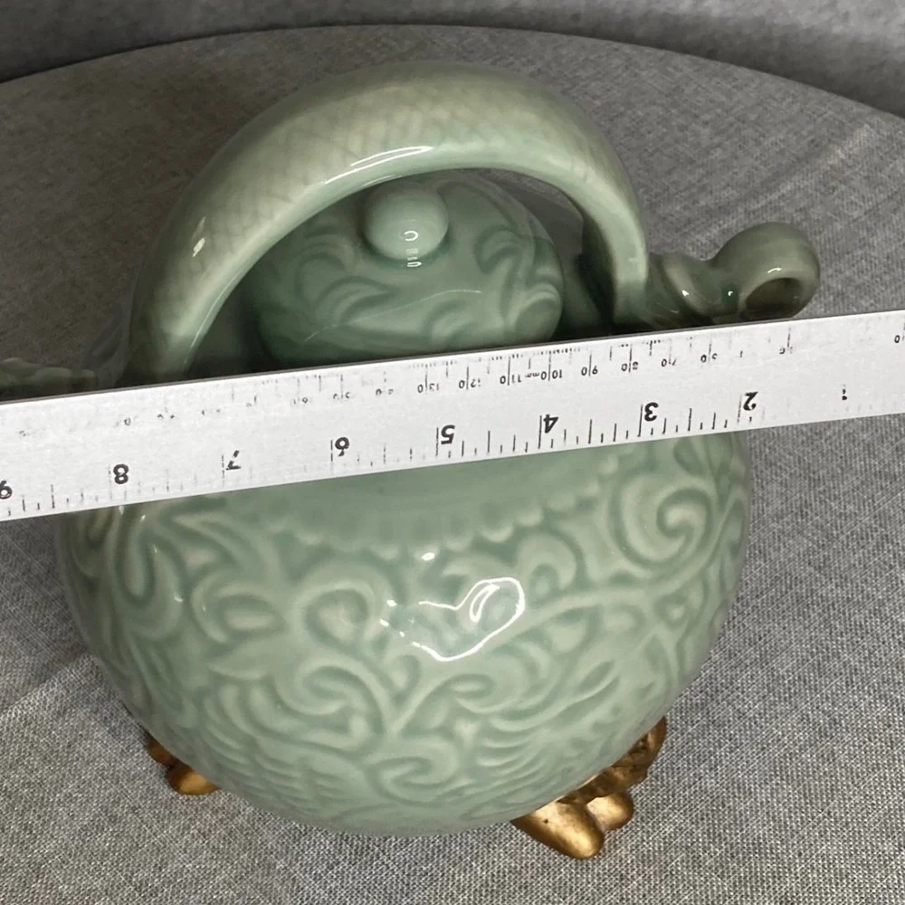 Celadon Footed Dragon‎ Teapot Asian Ceramic Kettle Green Gold Tea Pot Decor WCL